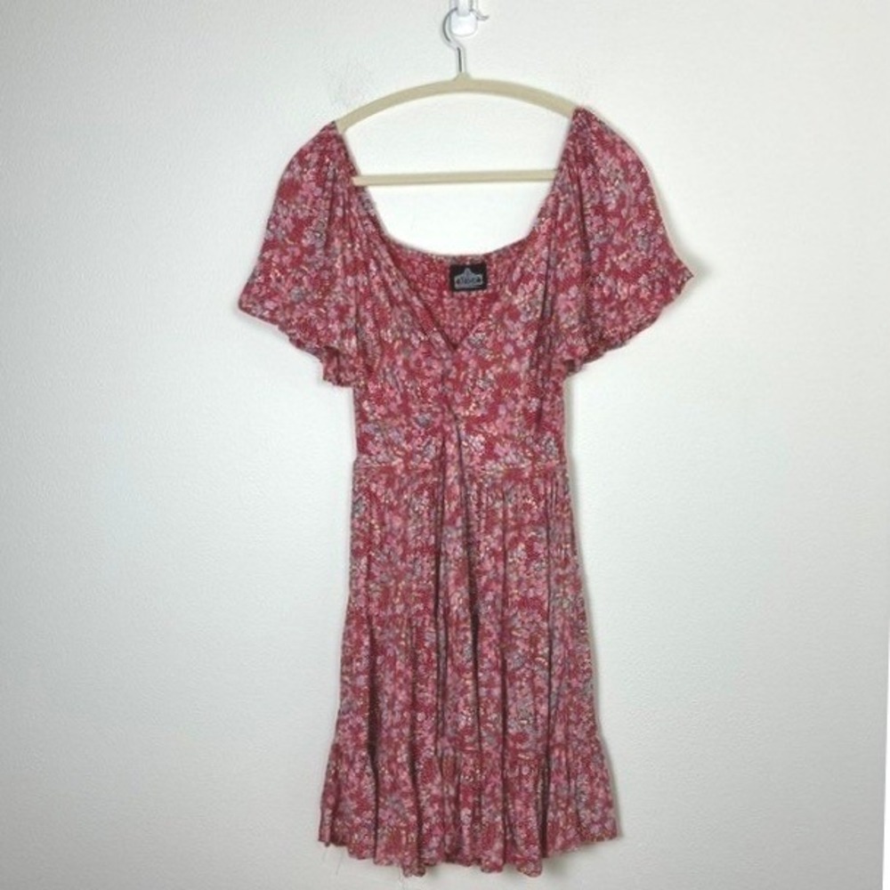 Angie Floral Smocked Back Tiered Ruffle Mini Dress Flutter Sleeve Women's S Boho
